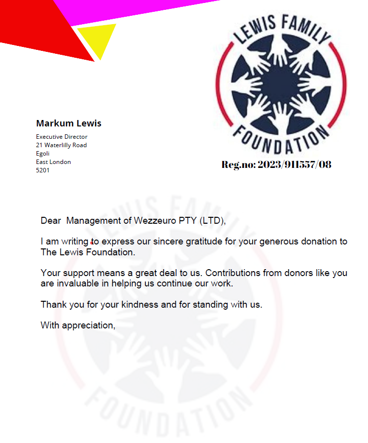 Lewis Foundation letter of gratitude to Wezzeuro Energy